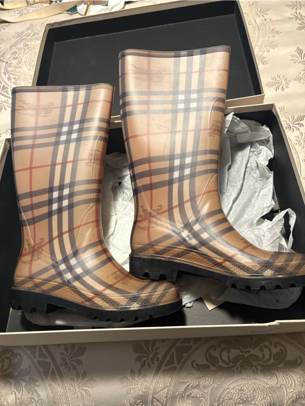 Burberry Tan and Black Classic Check Rain Boots
